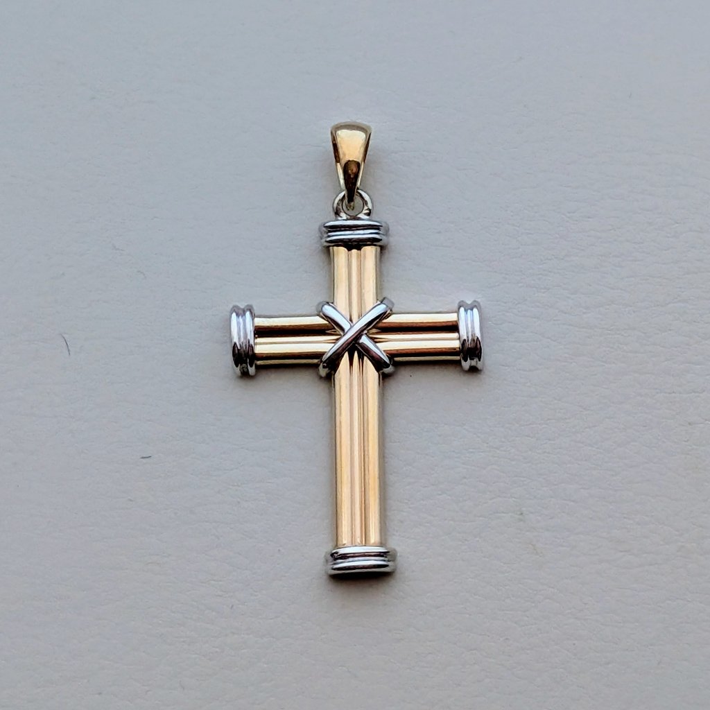 Vintage Two Tone Solid 14k Yellow And White Gold Cross Pendant